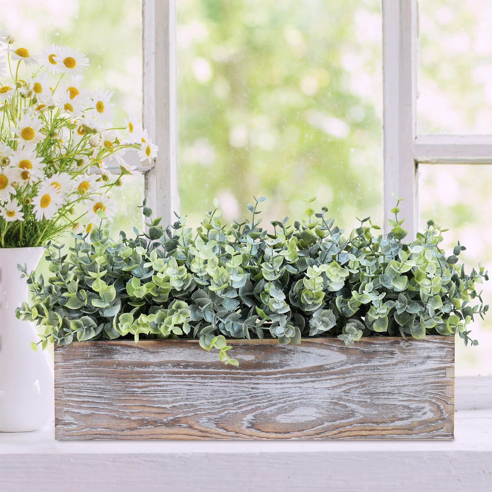 14″ Artificial Eucalyptus in Rustic Rectangular Wooden Planter Box Faux Potte…
