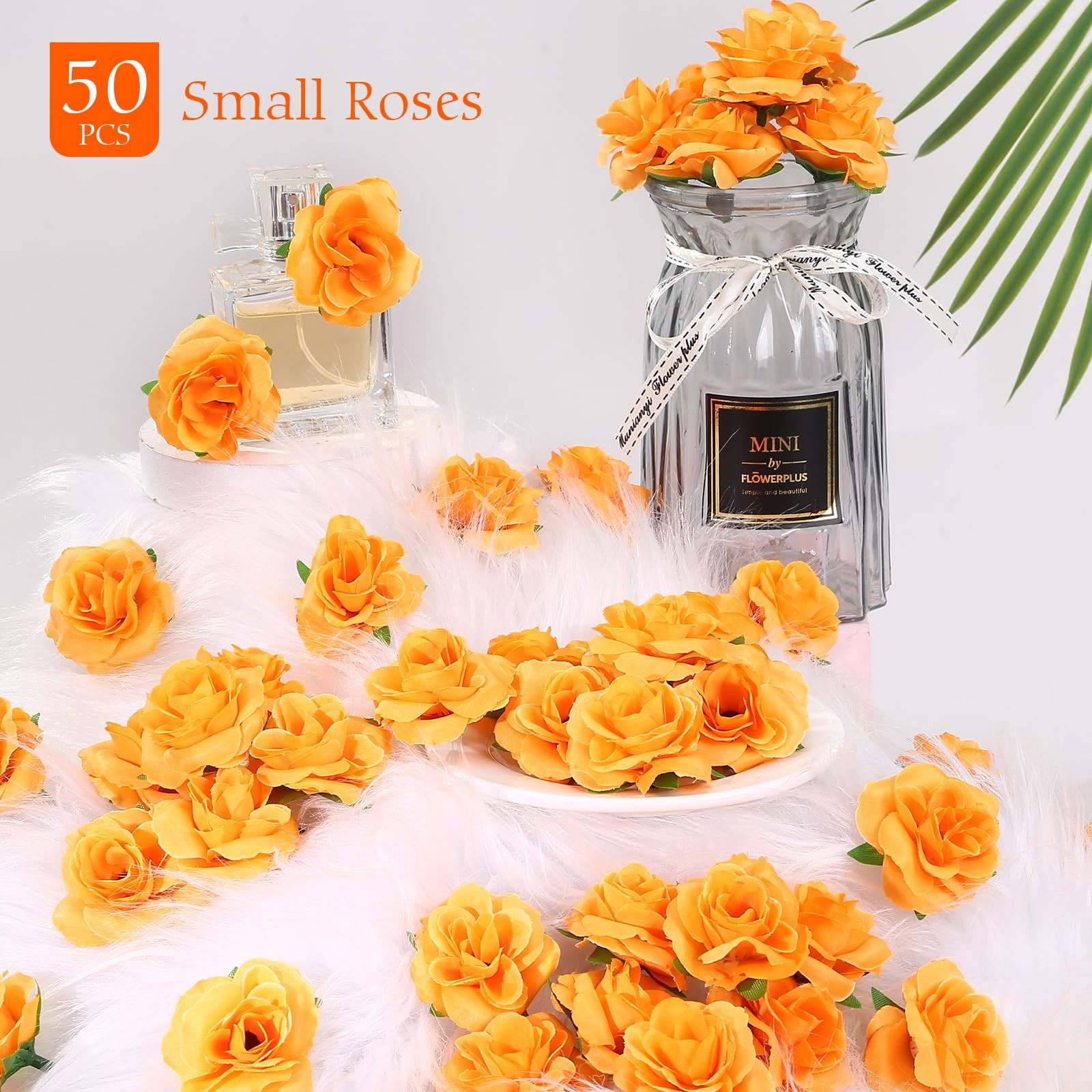 50 PCS 1.57 Inch Mini Orange Roses Artificial Fake Flower Heads Real Touch
