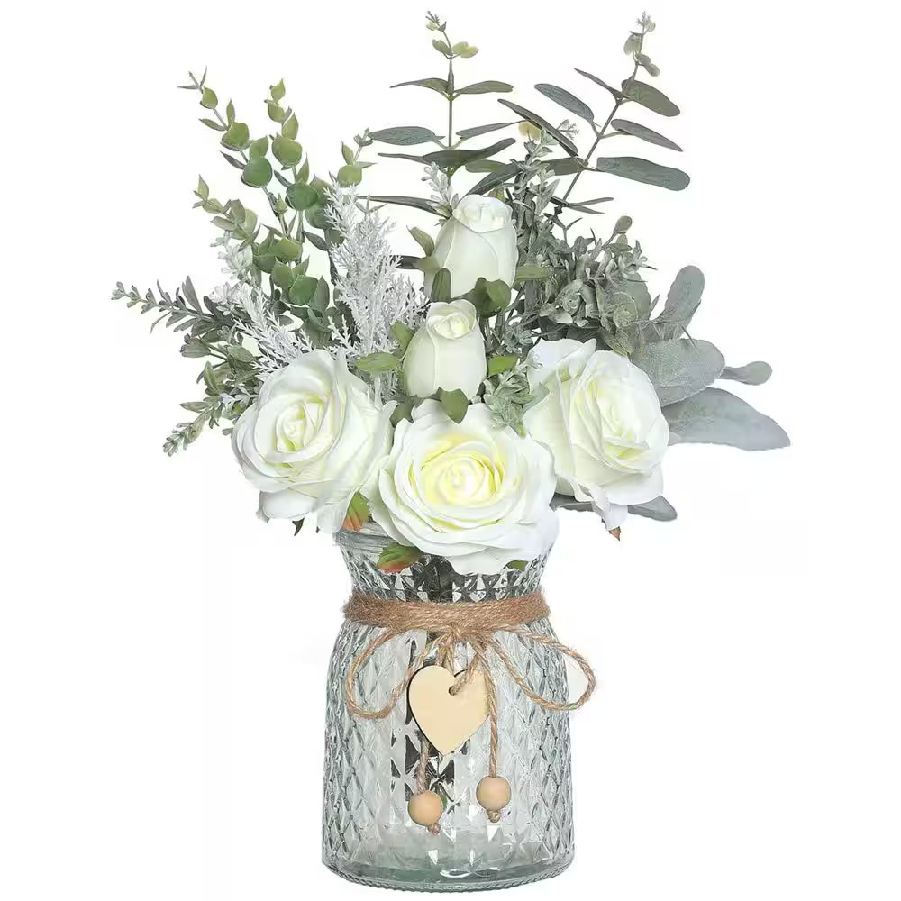 Faux Flowers with Vase 14.5 In. White Artificial Silk Roses Eucalyptus Flower Ar