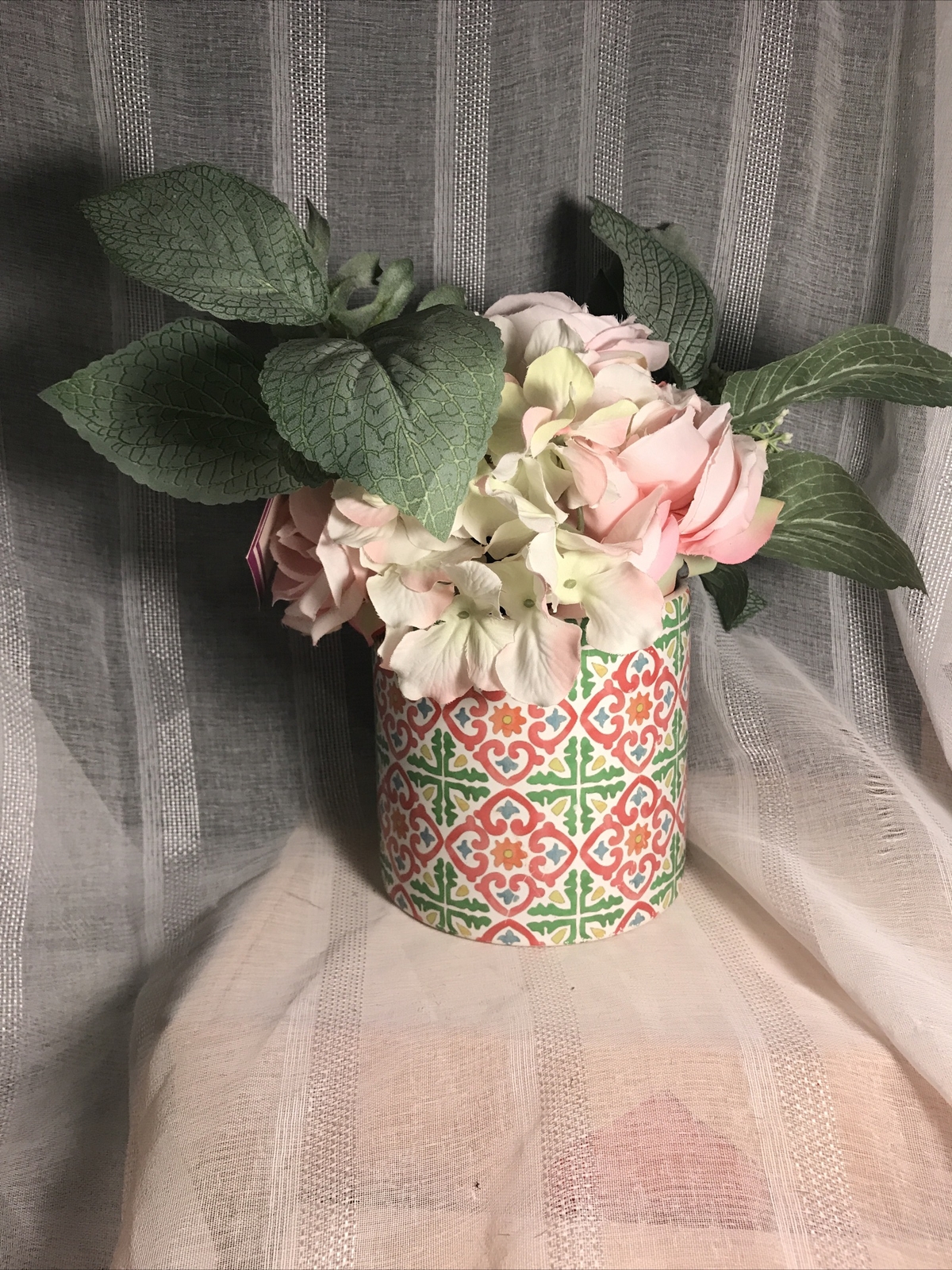 Faux Flower Centerpiece Ceramic Vase NWT Pink Cream Green Beautiful Floral Decor