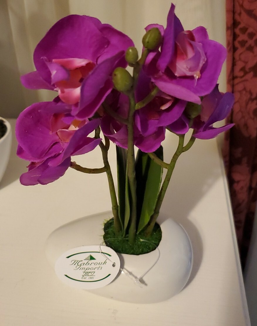 5″ × 3″ Ceramic Vase 9″ Artificial Orchids w 8 dark pink flowers, very realistic