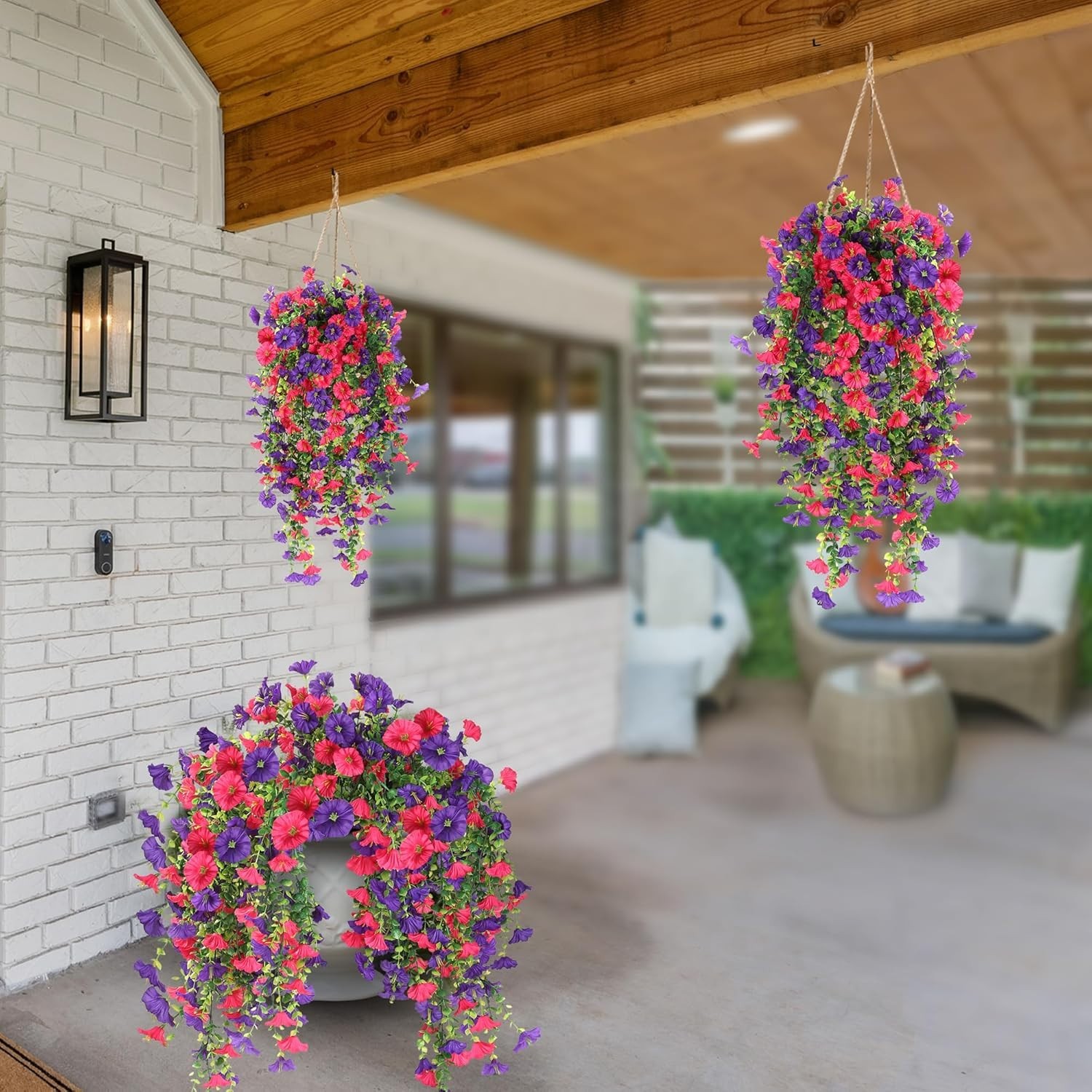 Elegant 2PCS Artificial Hanging Flowers: UV Resistant Morning Glory & Eucalyptus