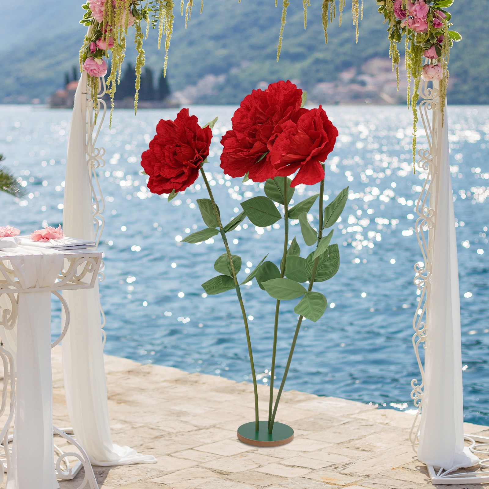 Red Rose Artificial Flower Decoration Giant Artificial Flowers with Round Base