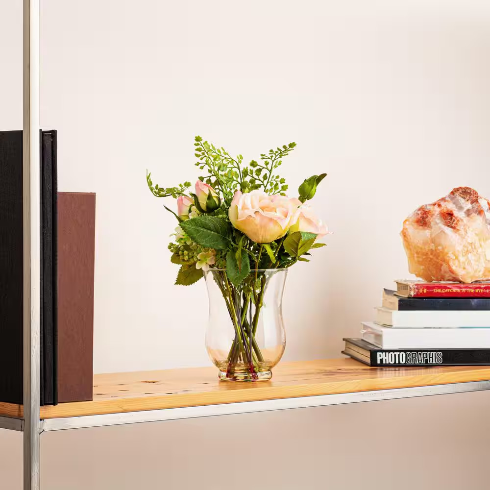 11 In. Pink Artificial Rose Floral Arrangement in Glass Vase