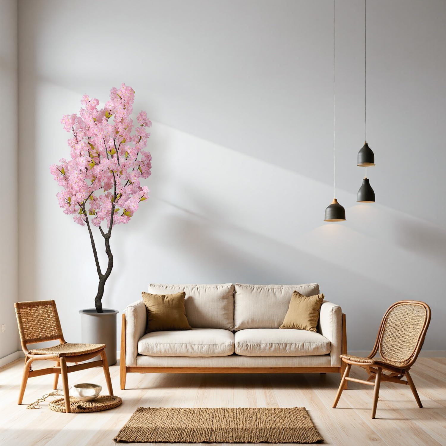 6.56Ft Tall Pink Artificial Cherry Blossom Tree Decor, Fake Silk Flower Plant In