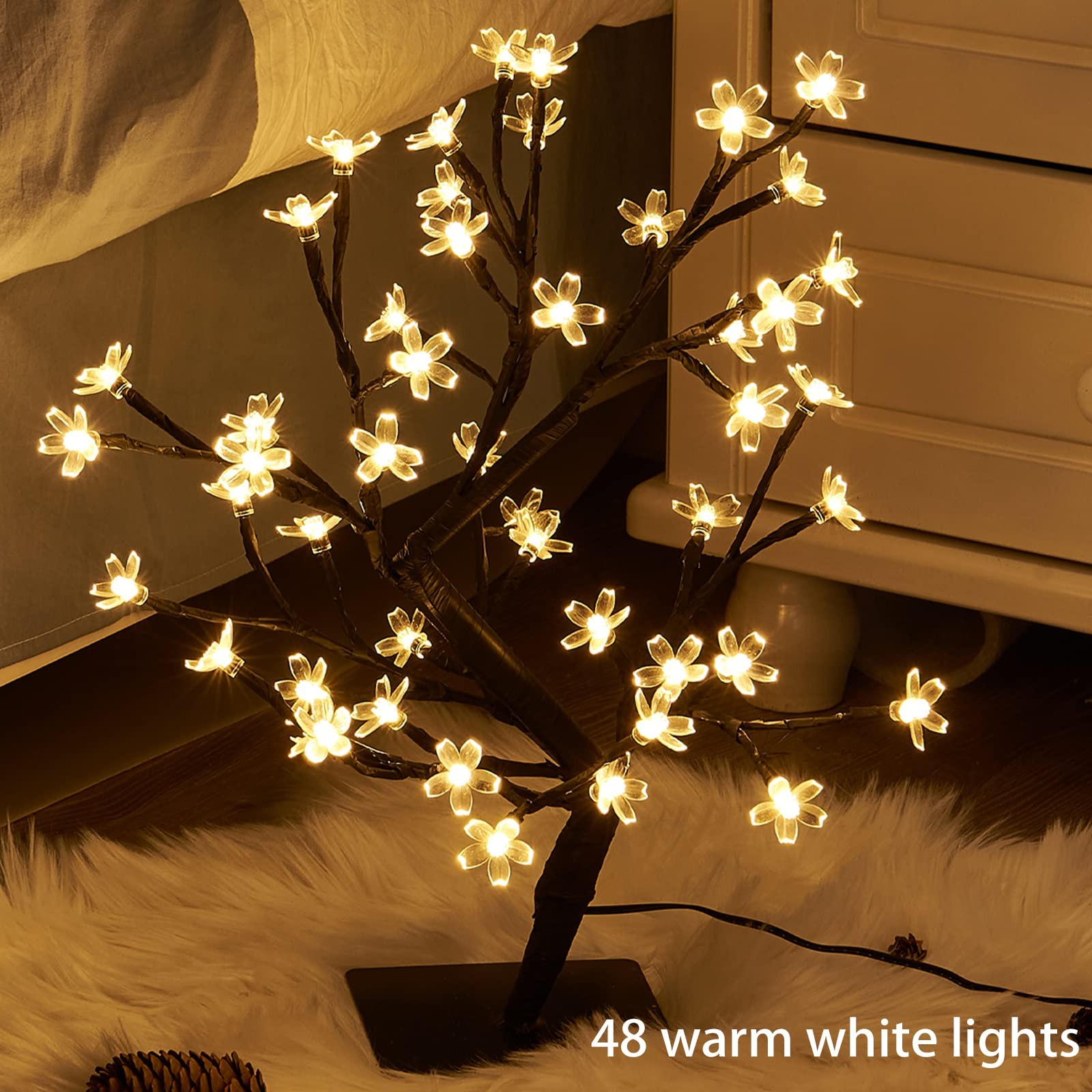 17.5 Inch Lighted Cherry Blossom Tree 48 Warm White Lights Plug Bonsai Decor