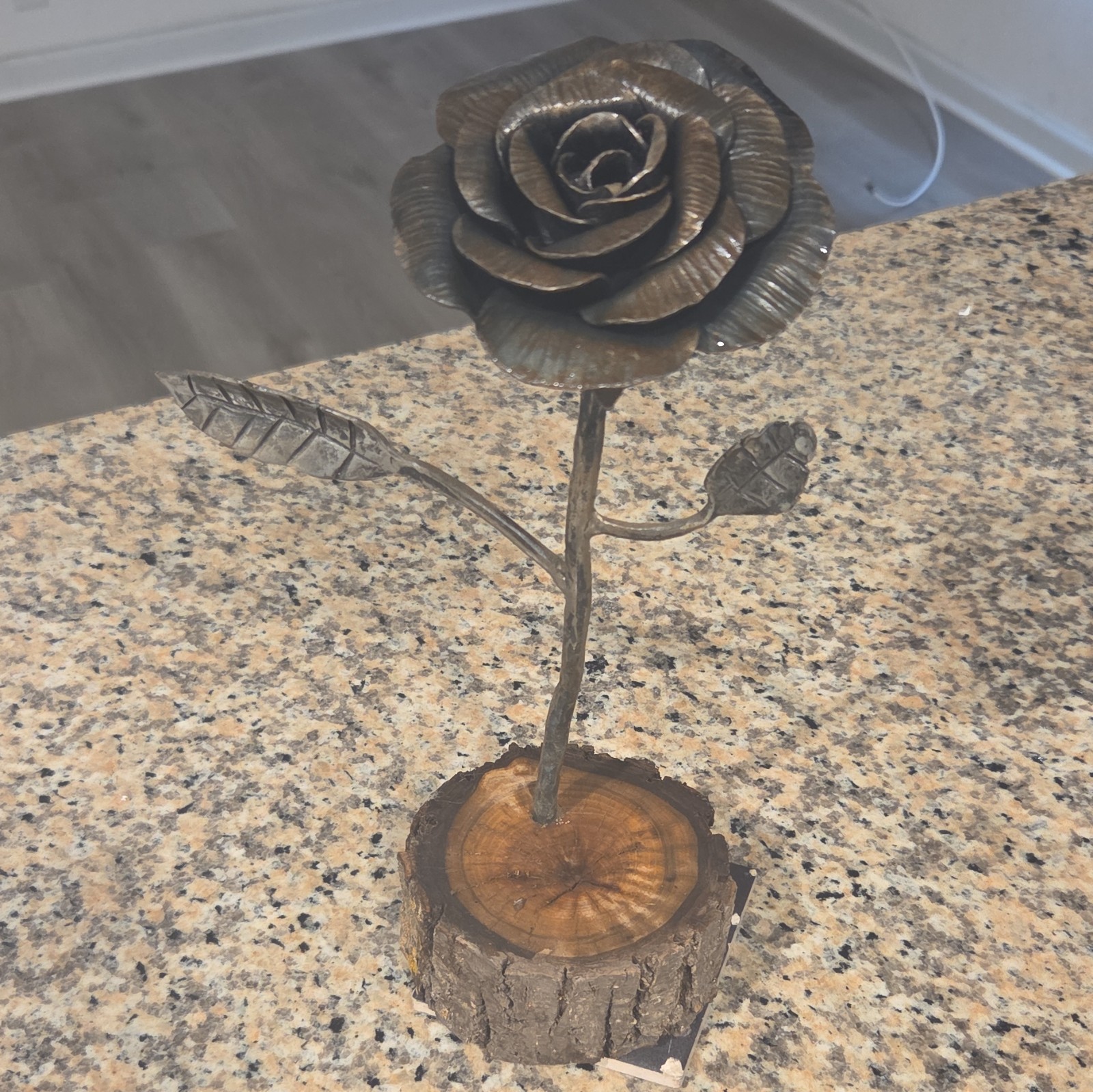 Artificial Metal Rose Flower Table Decor Sculpture on Wood Base Bronze/Brown