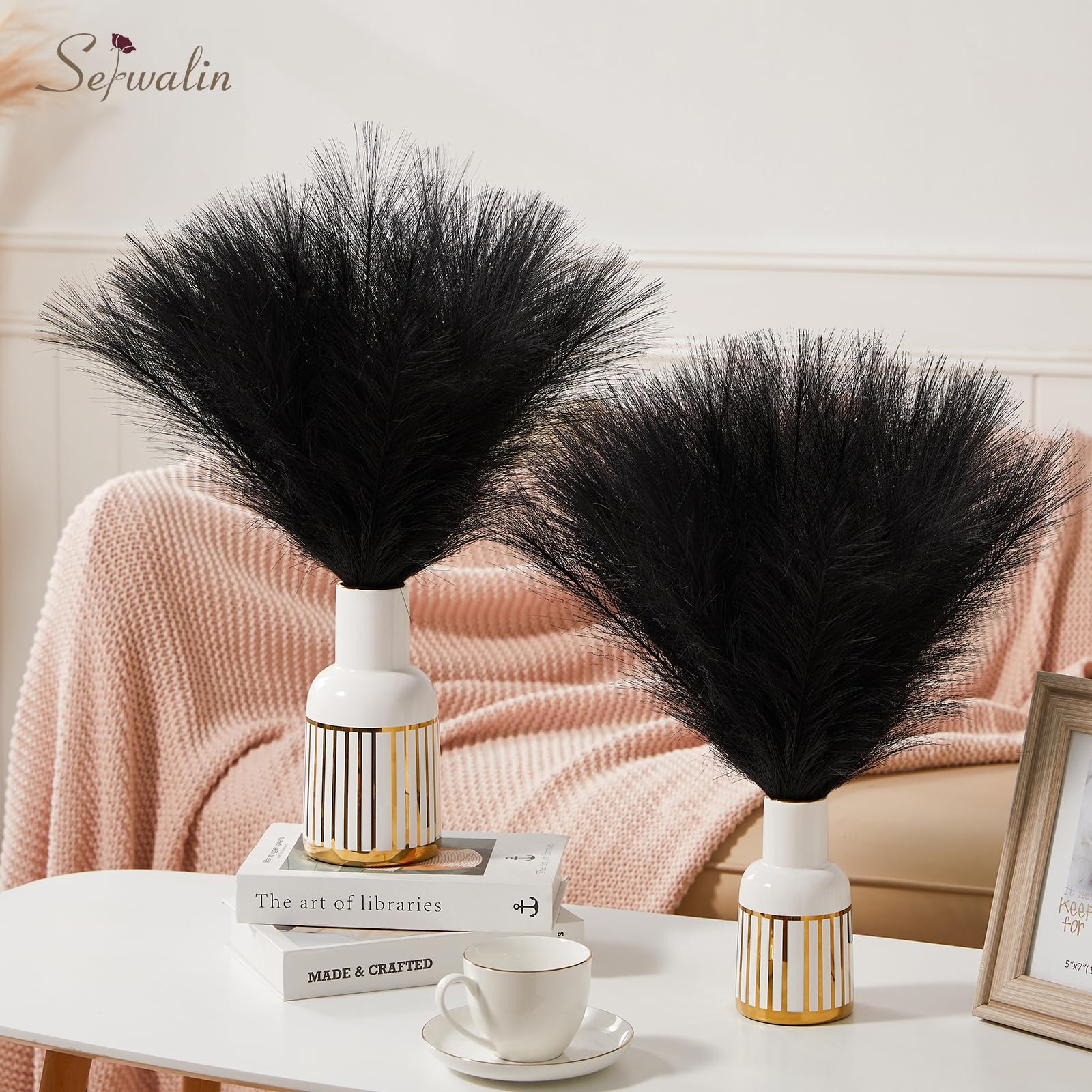 Black Pampas Grass Faux Fluffy Artificial Gothic Room Decor 17.7 Inch 60 PCS