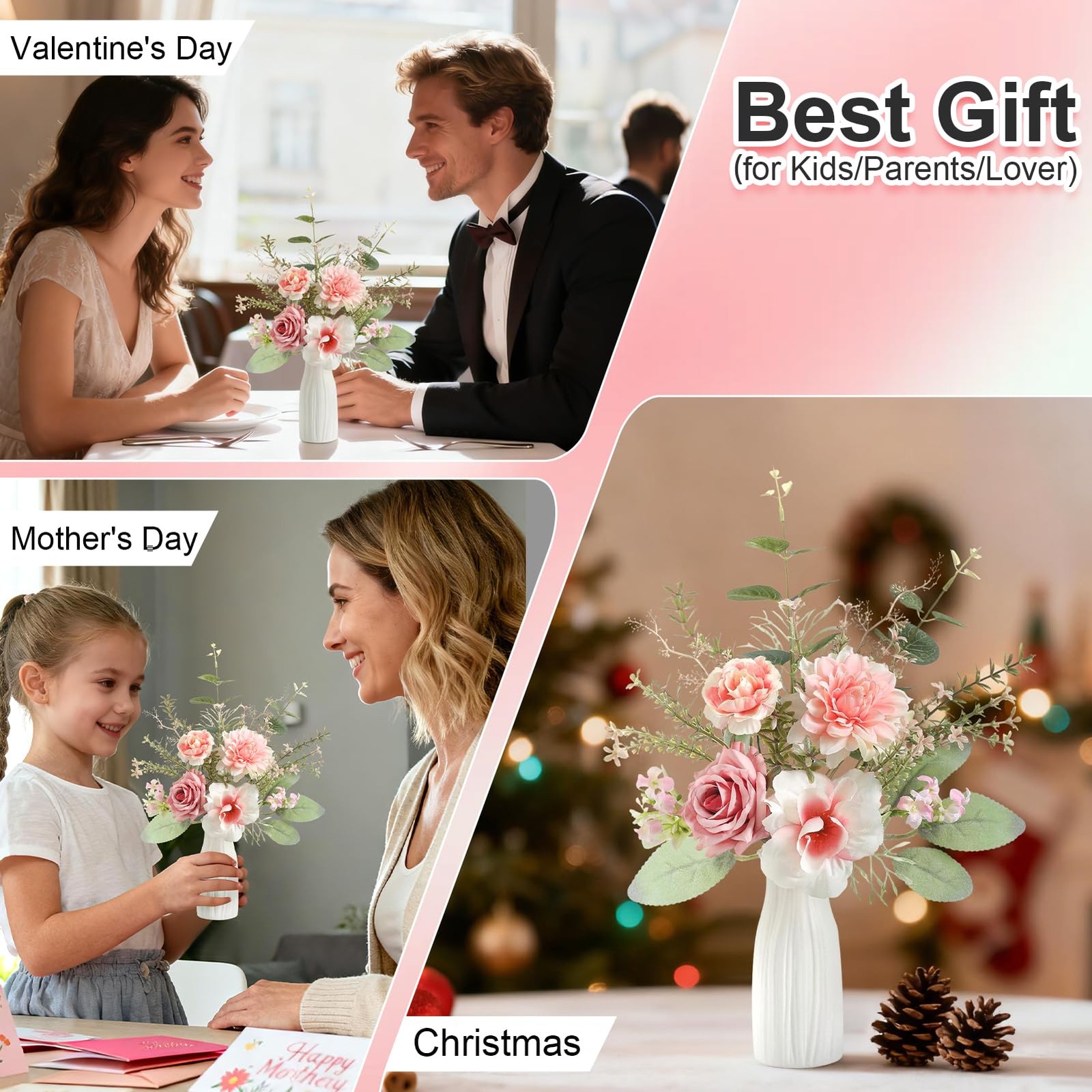 Small 11″ Artificial Flowers in Ceramic Vase – Pink Silk Flower Centerpiece f…