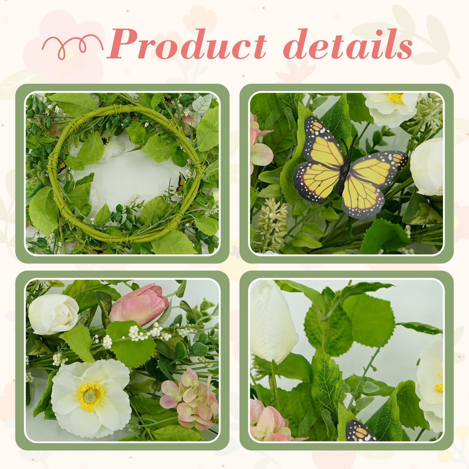 18″ Floral Wreath with Eucalyptus & Butterflies – Spring Summer Door Decor, Gree