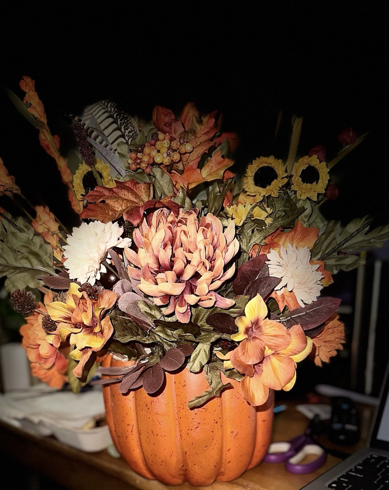 Fall Artificial Sunflower Floral Arrangement & Centerpiece in Orange Pumpkin