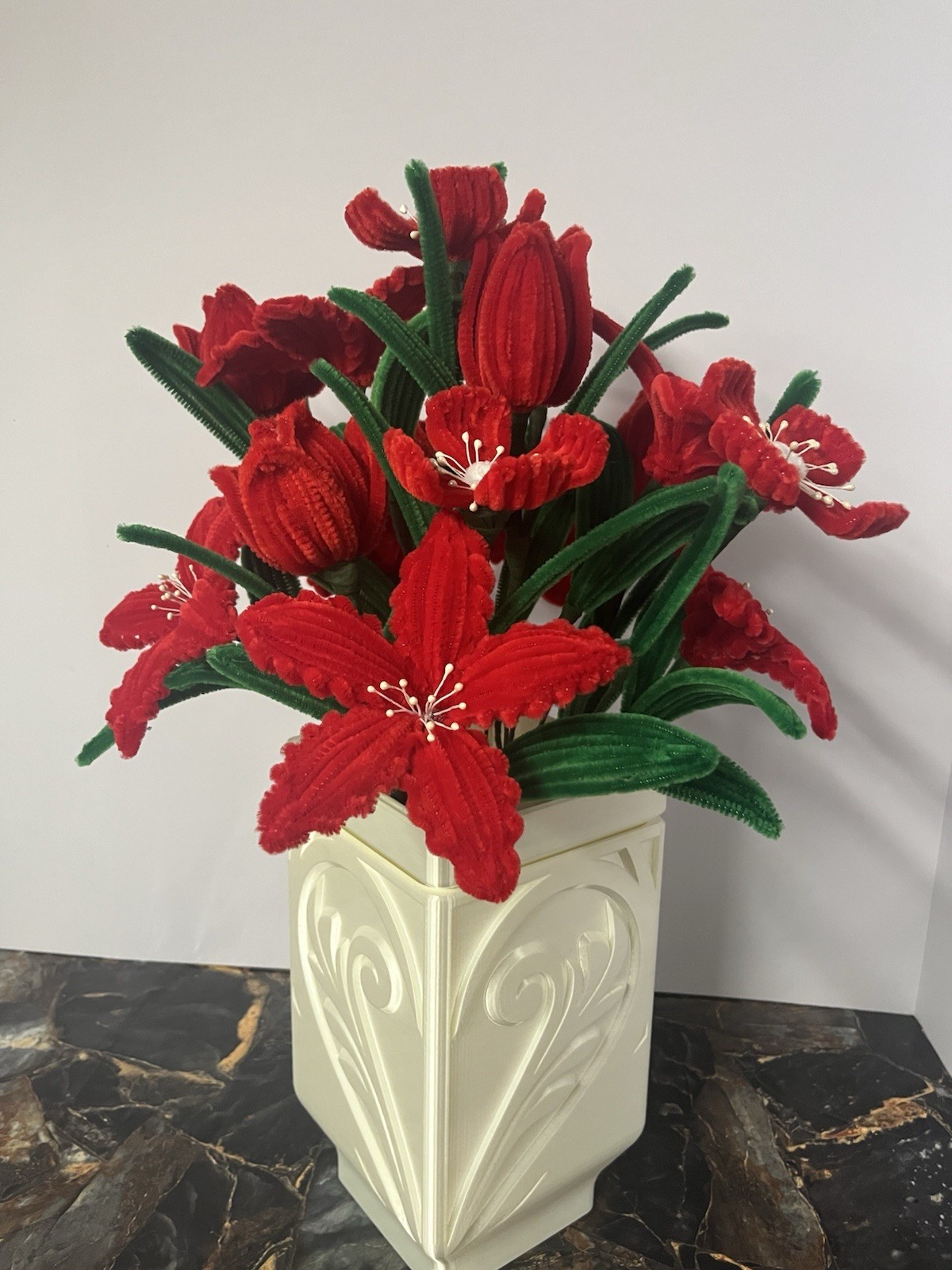 Handmade Red Pipe Cleaner Flower Arrangement in Elegant Vase – Unique Decor