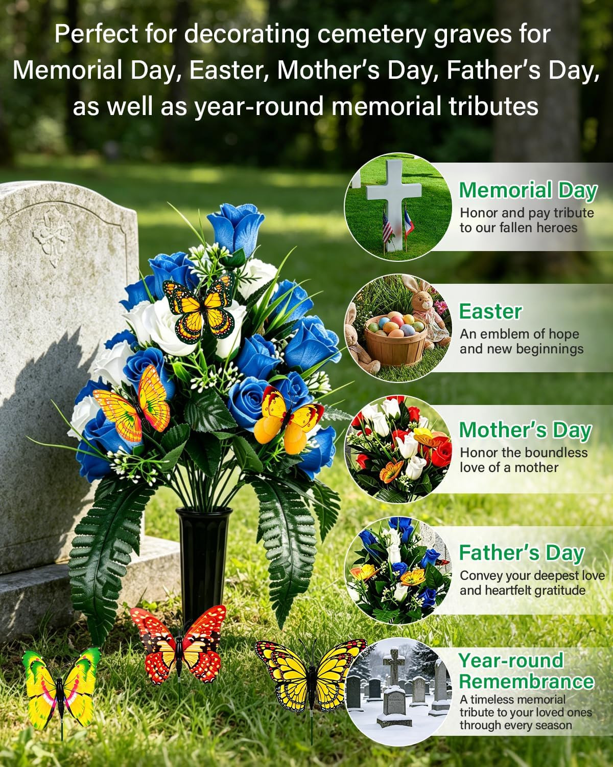 2PCS Artificial Cemetery Flowers for Grave with Vase, Blue, Red & White Rose Mem