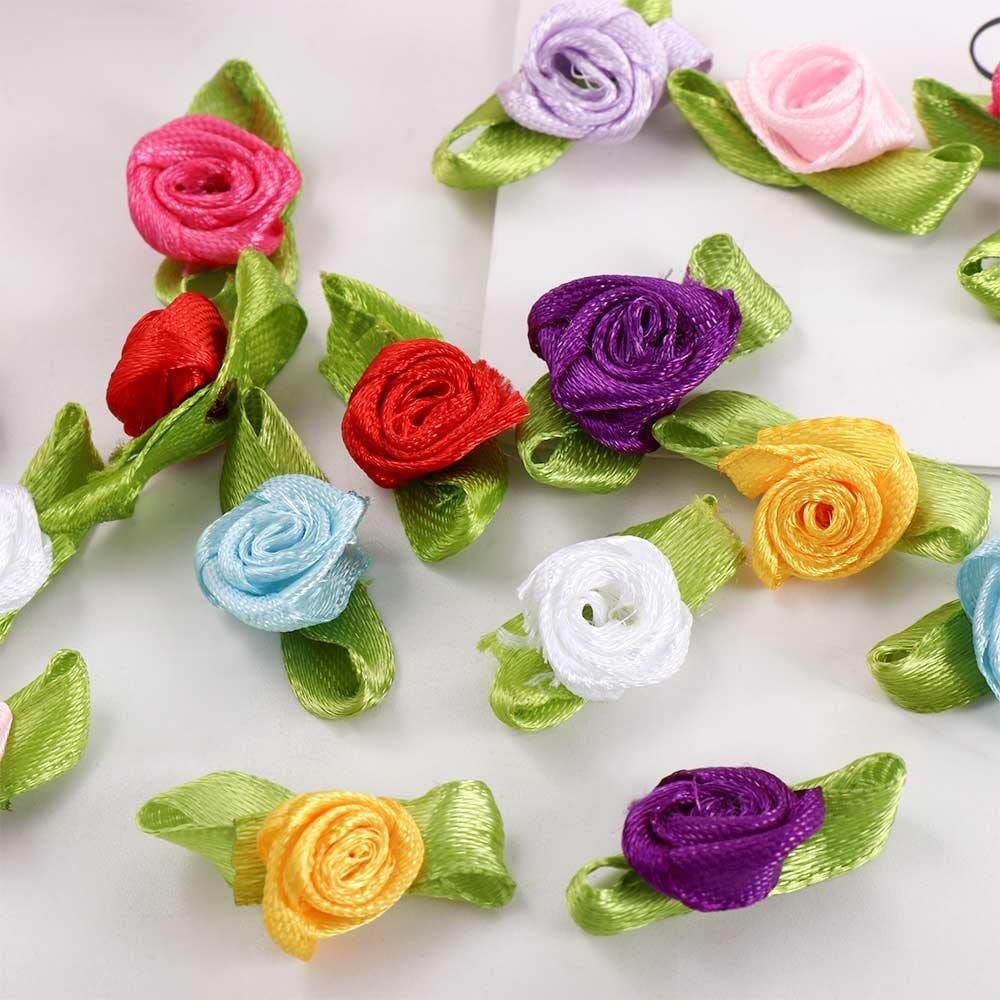 100 PCS Mini Ribbon Roses Crafts Artificial Fabric Flowers Green Leaves Decor