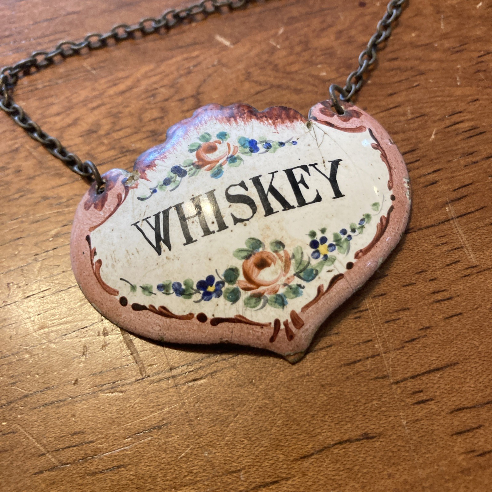 Antique Porcelain on Metal Liquor Bottle Tag w Brass Chain WHISKEY