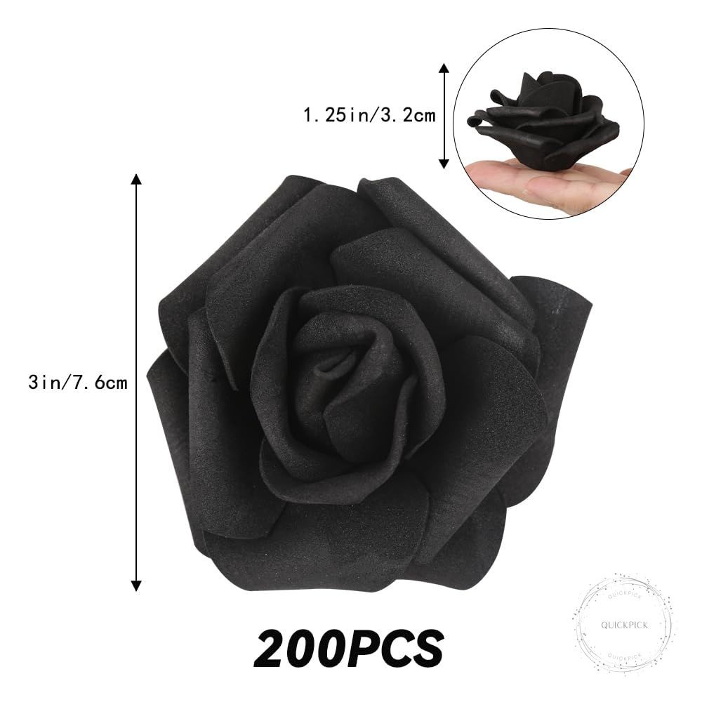 200pcs Black Artificial Foam Rose Flower Head, 3-Inch Fake Flower Heads Stemless