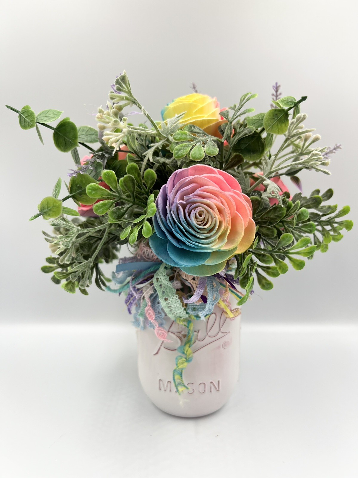 Sola Wood Flower Arrangement In Ball Canning Jar, Tie Dye