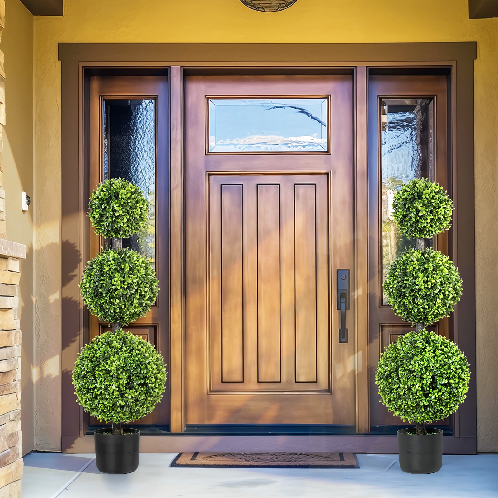 2PCS 3FT Artificial Triple Ball Boxwood Topiary Tree Realistic Faux Greenery