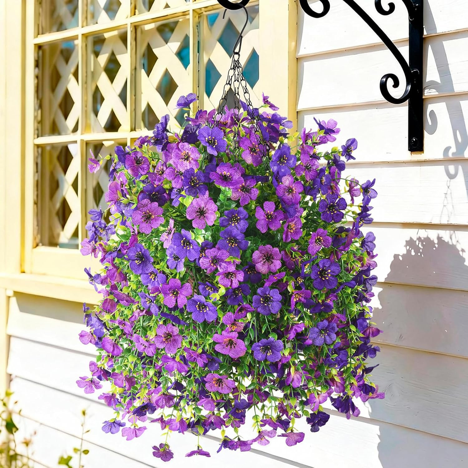 Vibrant Double Purple Artificial Flower Hanging Baskets for Outdoor Decor