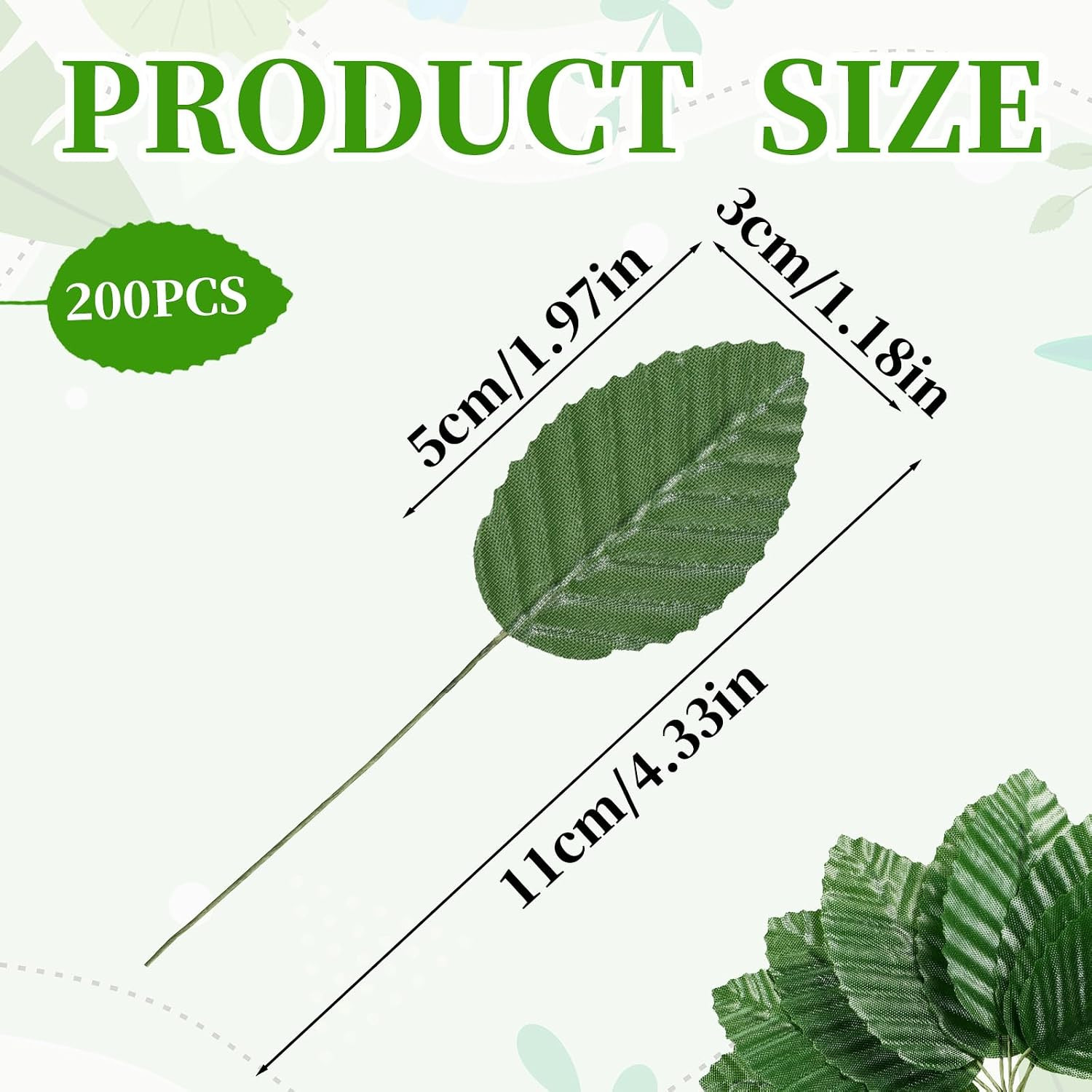 200 Pcs Faux Wired Single Leaf 4.3inch Artificial Leaves for Crafts Fake Green L