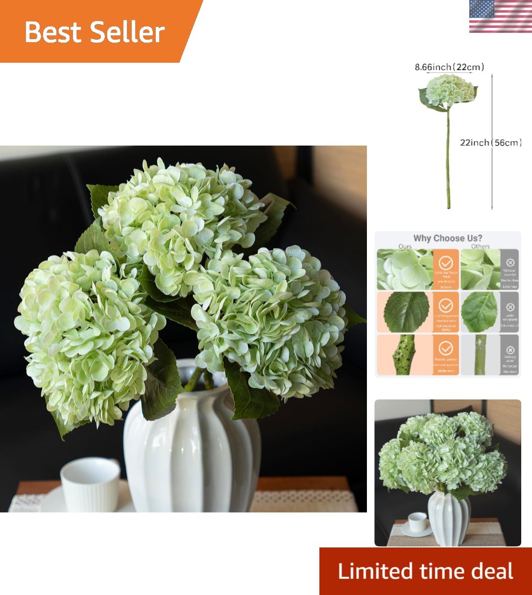 Real Touch Light Green Hydrangea Flowers Set | 22-inch for Weddings & Home Decor