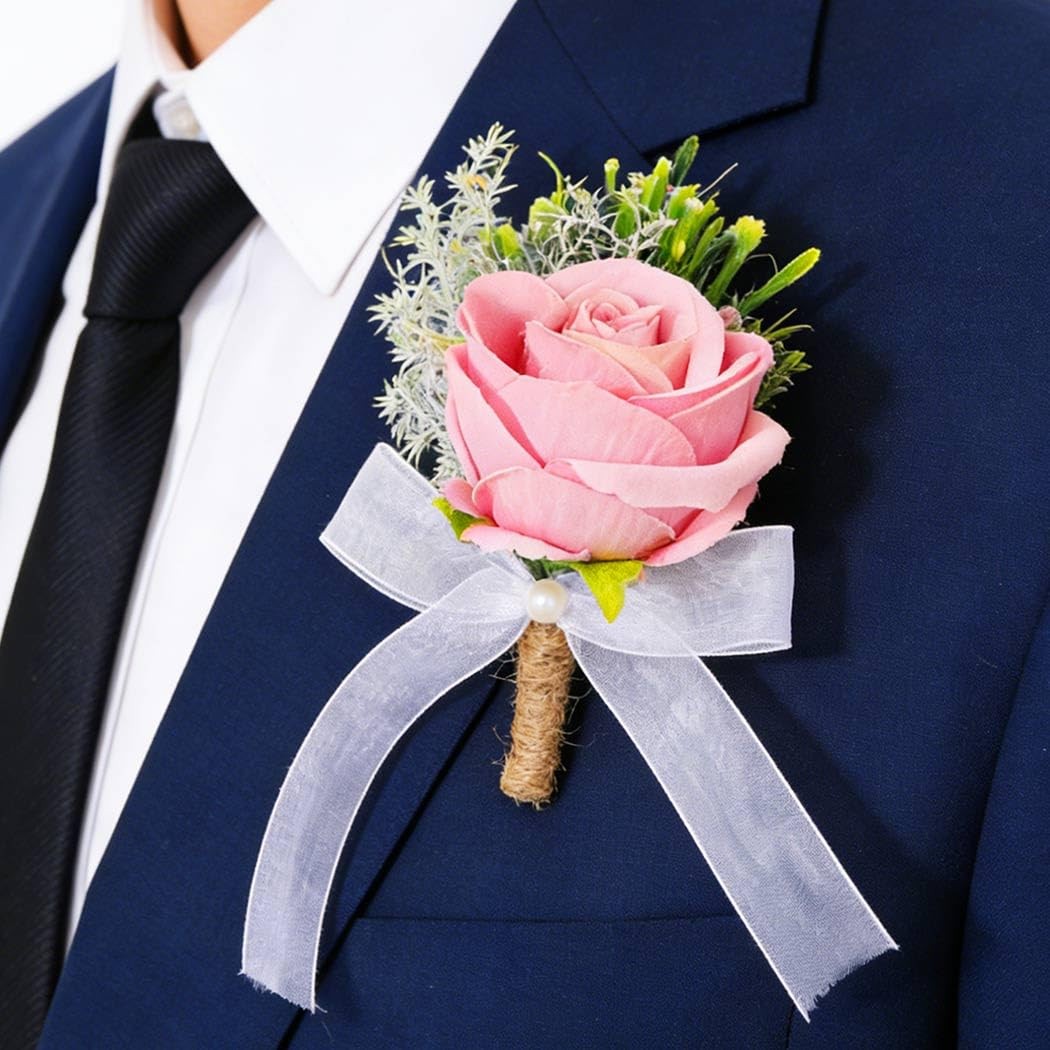 Pink Groom Wedding Rose Boutonniere Prom Buttonhole Suit Accessory Decor
