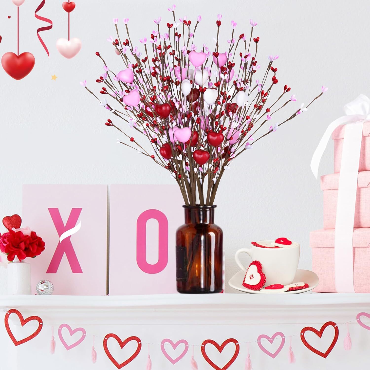 Valentines Day Decorations Artificial Hearts Flowers Berry Stems Gifts, 6 Packs