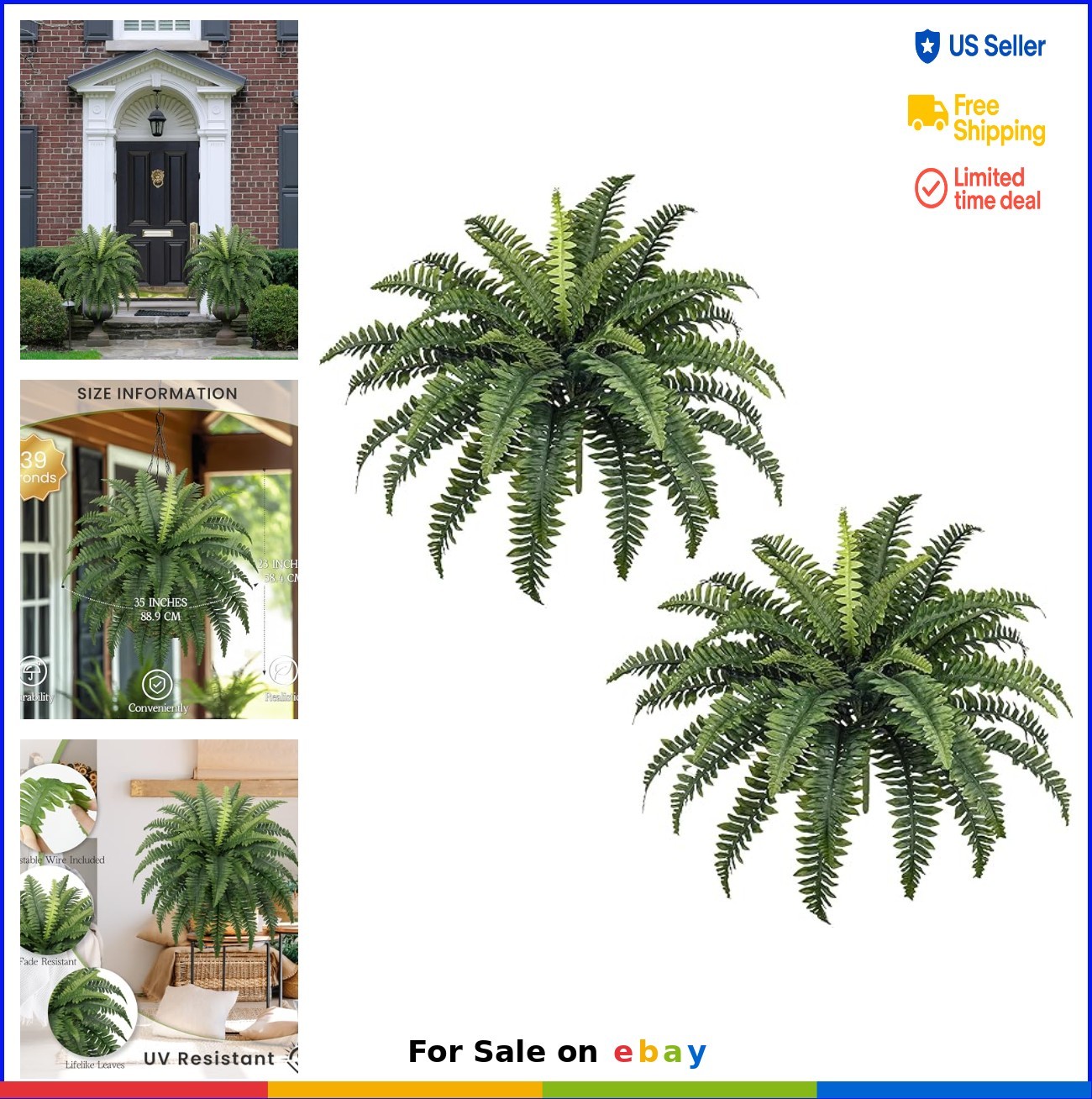 Artificial Ferns 35 Inch 2 Pack Faux Boston Fern Bushes with 39 Fronds UV