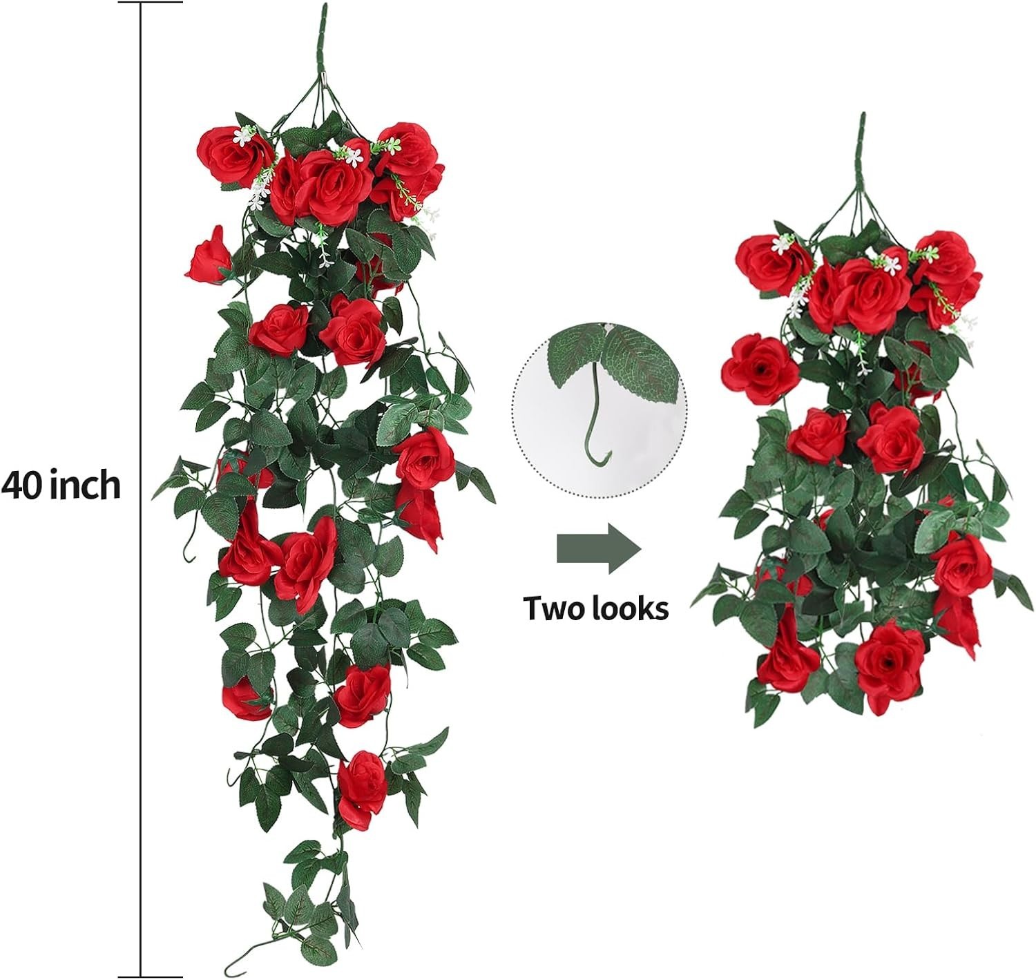 Lifelike Hanging Flower Vines 2PCS 3.3 Feet Red Rose Decoration for Weddings