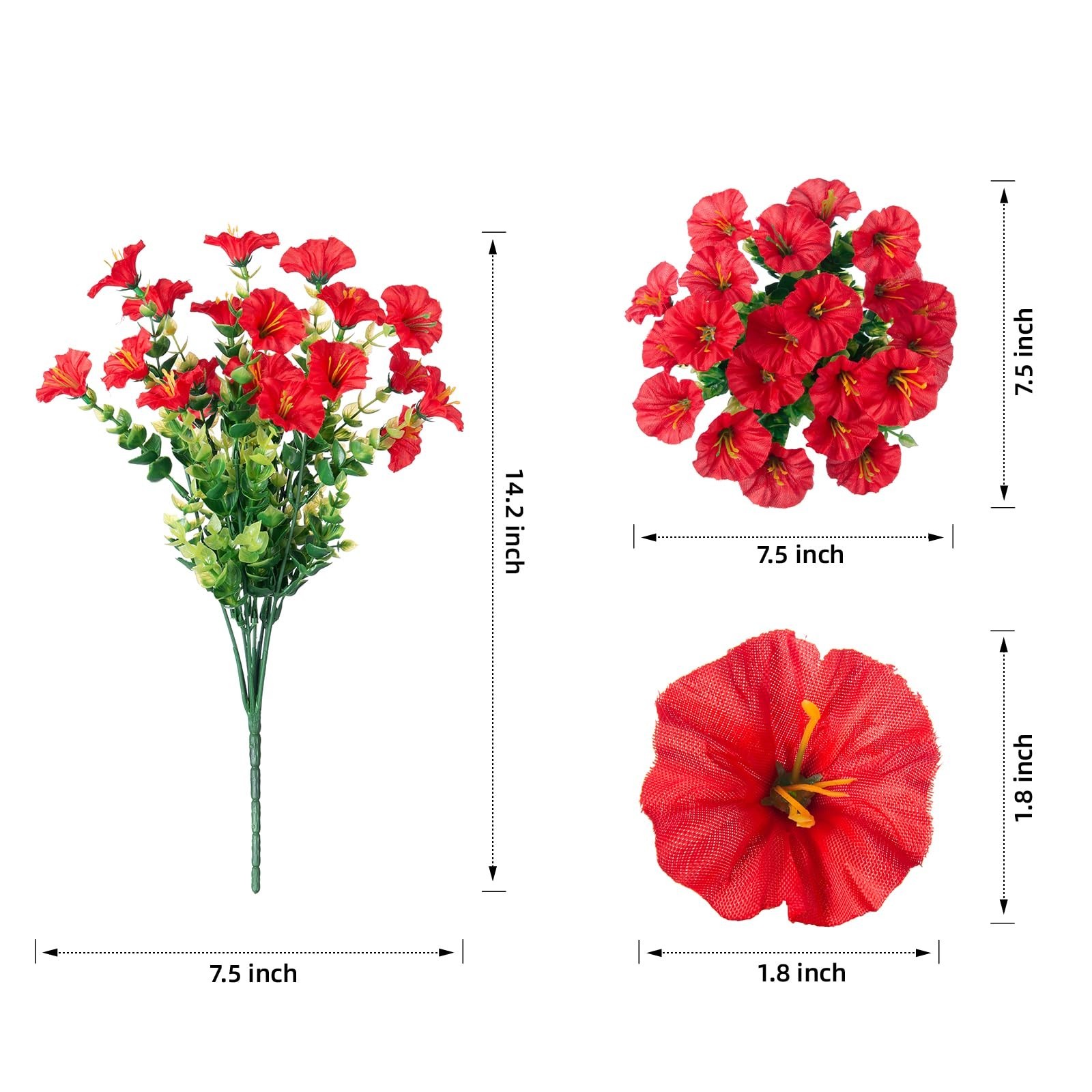 12 Bundles Red Silk Morning Glory & Eucalyptus – UV Resistant Faux Flowers for O