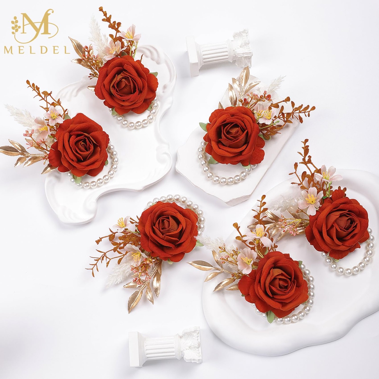 6 PCS Orange Velvet Rose Wrist Corsage Wedding Bridal Flower Prom Party