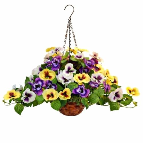 Fully Assembled Artificial Pansy Hanging Basket – Waterproof & UV Resistant