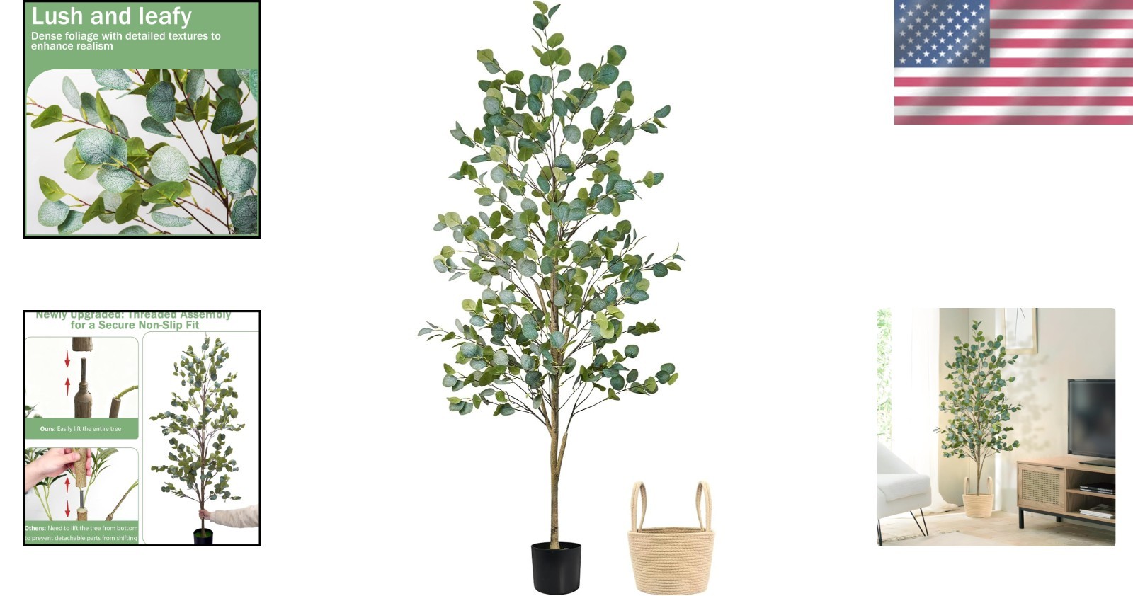 Versatile 6FT Faux Eucalyptus Tree for Home Office – Easy Assembly & Storage