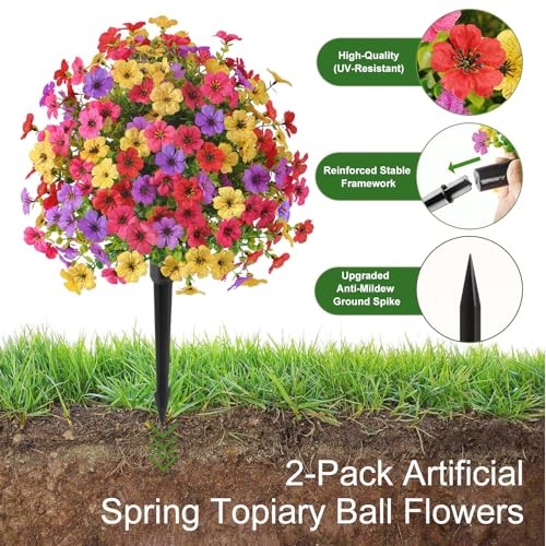 Pcs0″ Artificial Topiary Ball Flowers, UV Resistant 2 Red Yellow Rose Purple