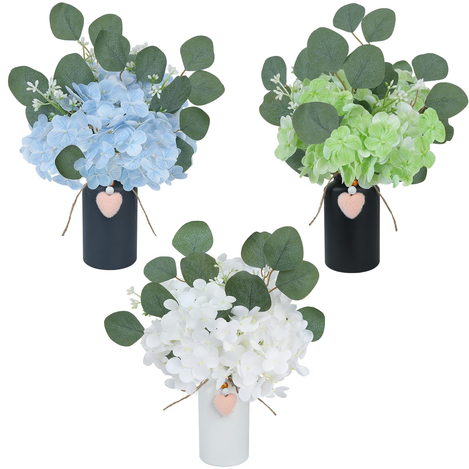 Artificial Hydrangea Flowers in Mason Jar Vase, Set of 3 Faux Hydrangea and E…