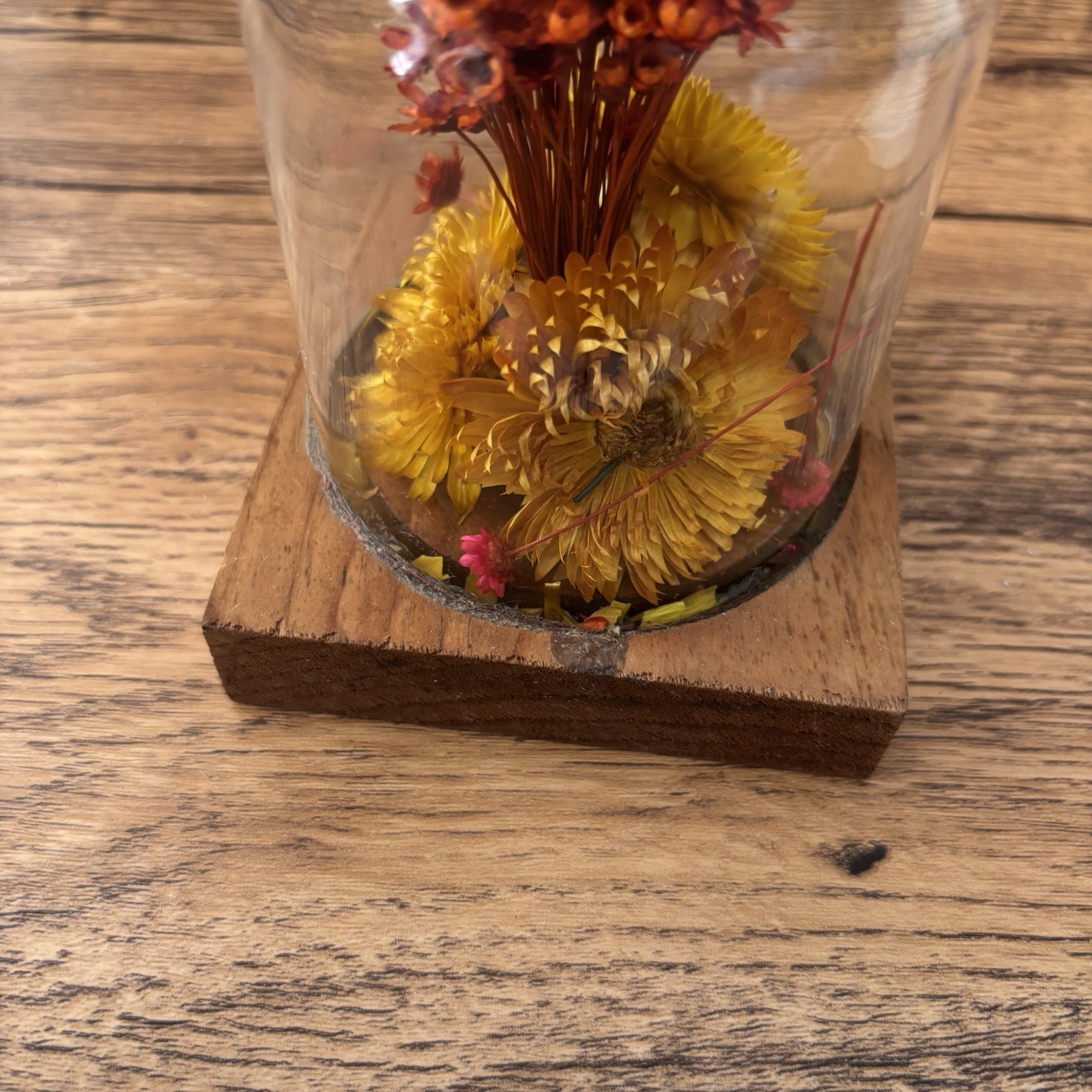 Vintage Dried Flowers Cloche Glass Dome Wood Base Boho Cottage Floral Shelf Deco