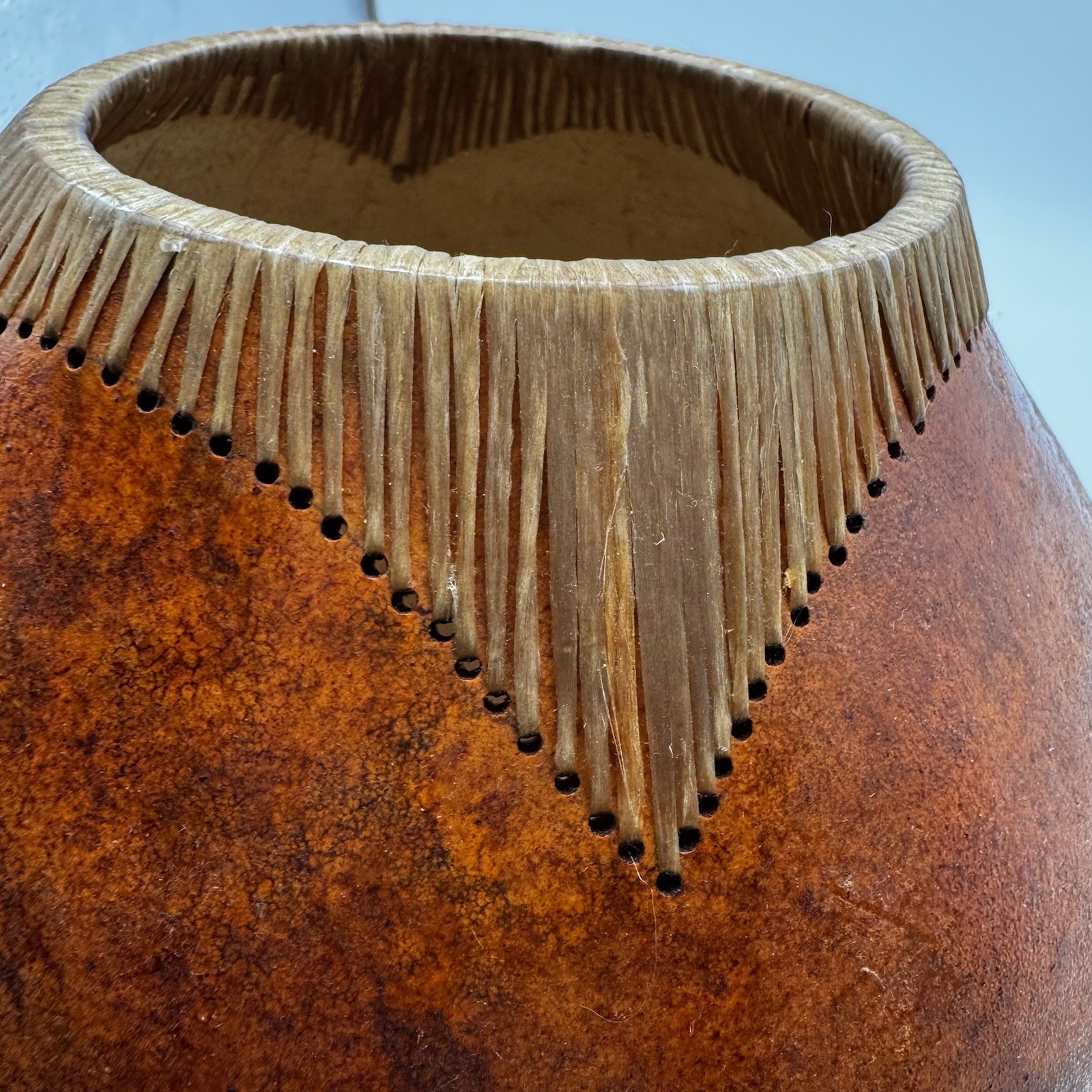 Home decor Gourd large primitive folk art Woven Trim dried flower vase