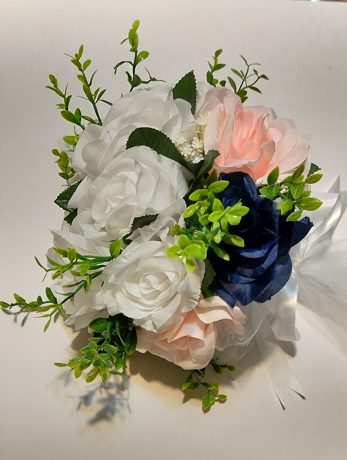 Bridal Bouquet Pink White Navy Blue Rose Artificial Flowers Ribbon Tulle Wedding