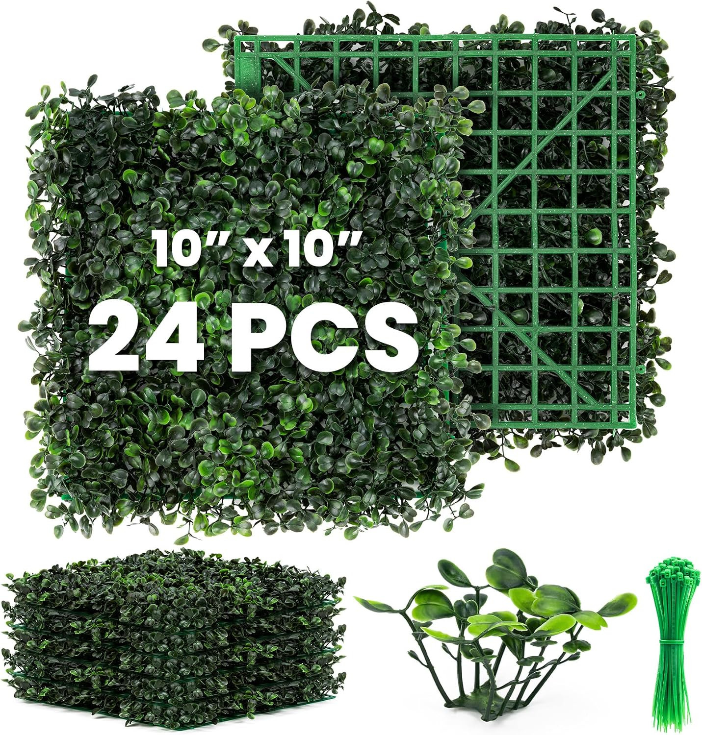 24 Pack 10×10 Artificial Boxwood Hedge Wall Panels Privacy Fence Green Decor