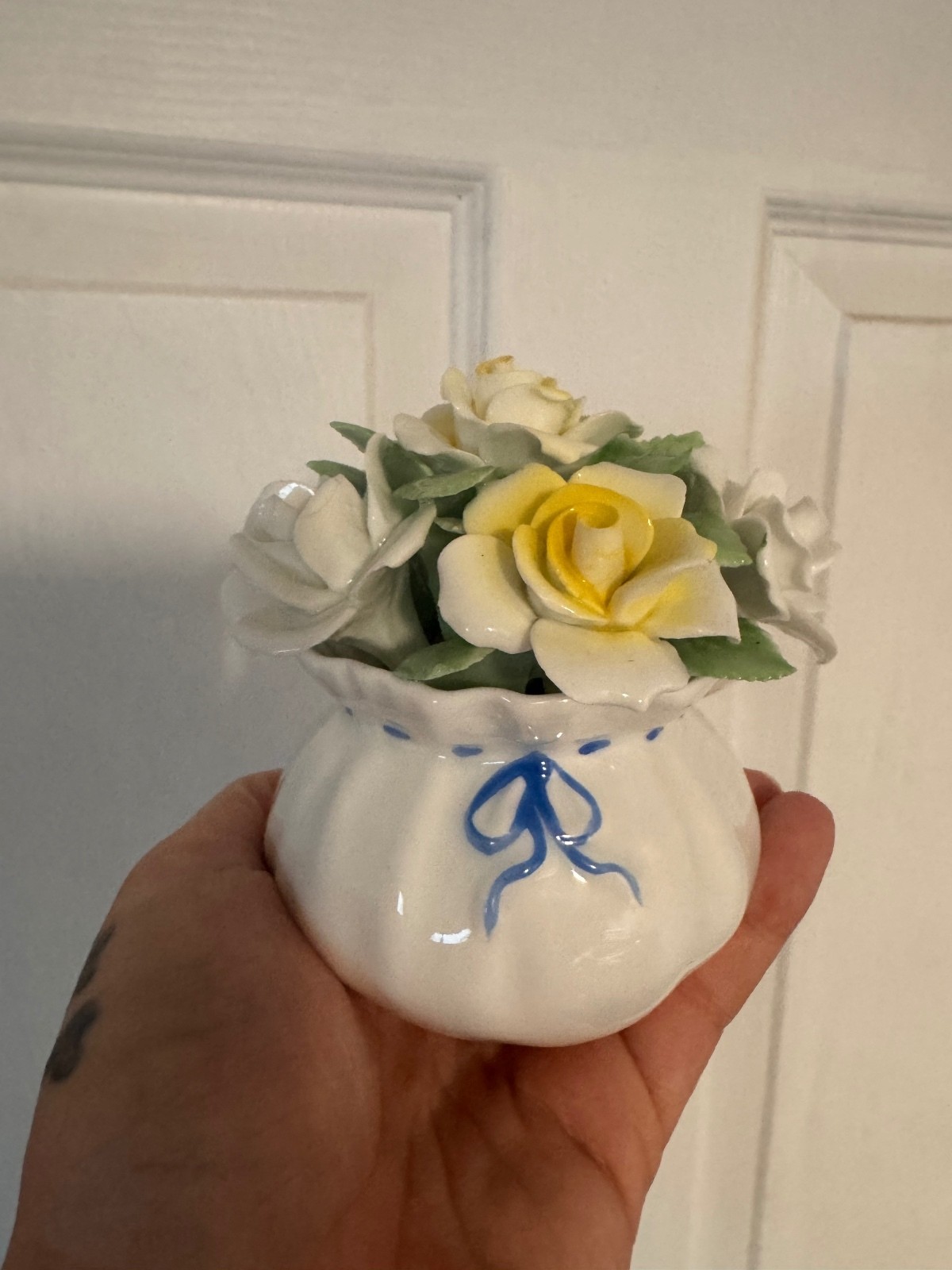 Vintage Ceramic Flower Bouquet Figurine with Yellow and White Roses