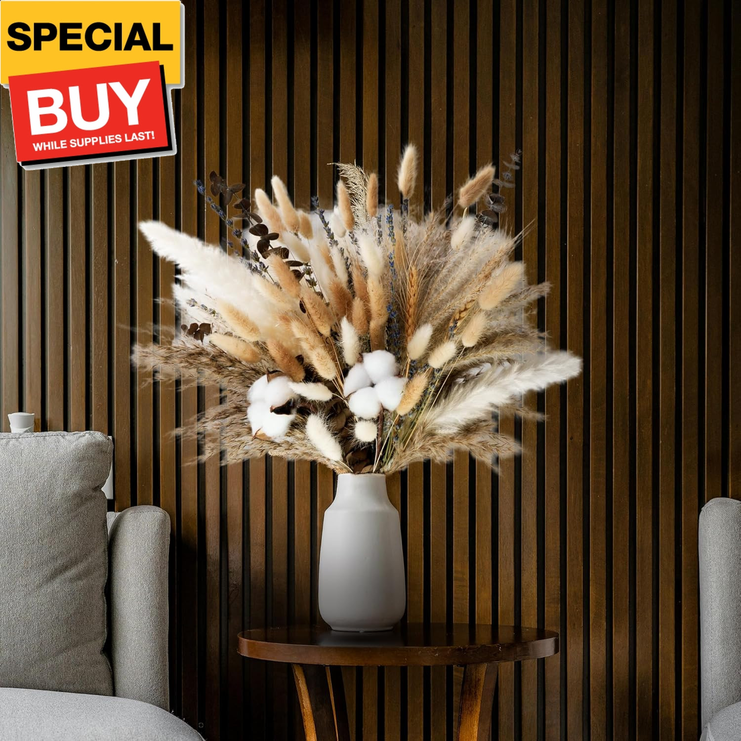Natural Dried Flower Bouquet – Pampas Grass, Cotton Stems, Bunny Tails, Eucalypt