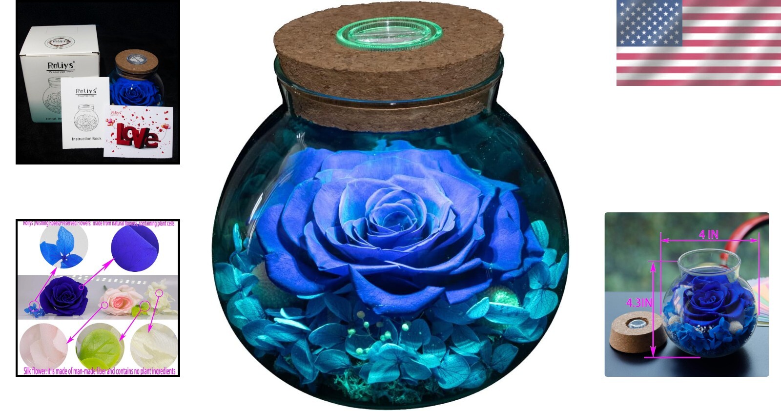 Gorgeous Mood Light Wishing Bottle with Eternal Blue Rose – Anniversary Gift