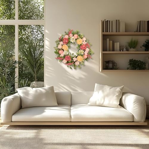 22 Inch Spring Summer Wreath for Front Door, Realistic Silk Peony & Hydrangea