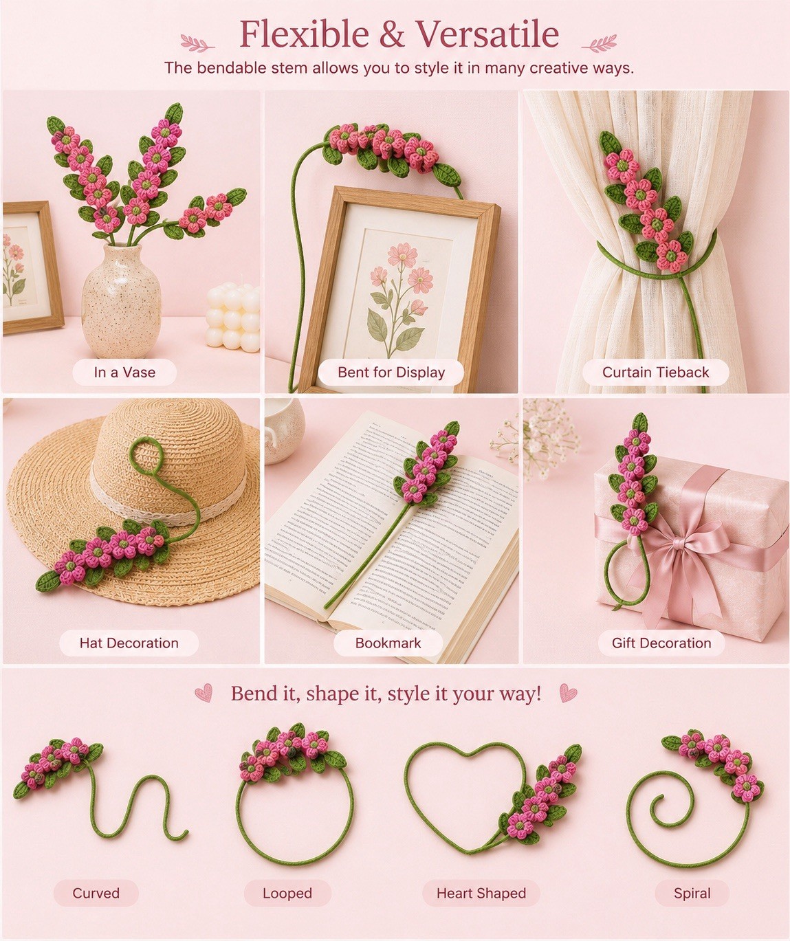 Handmade Crochet Pink Flower Stem 12” Floral Decor Gift Home Decoration