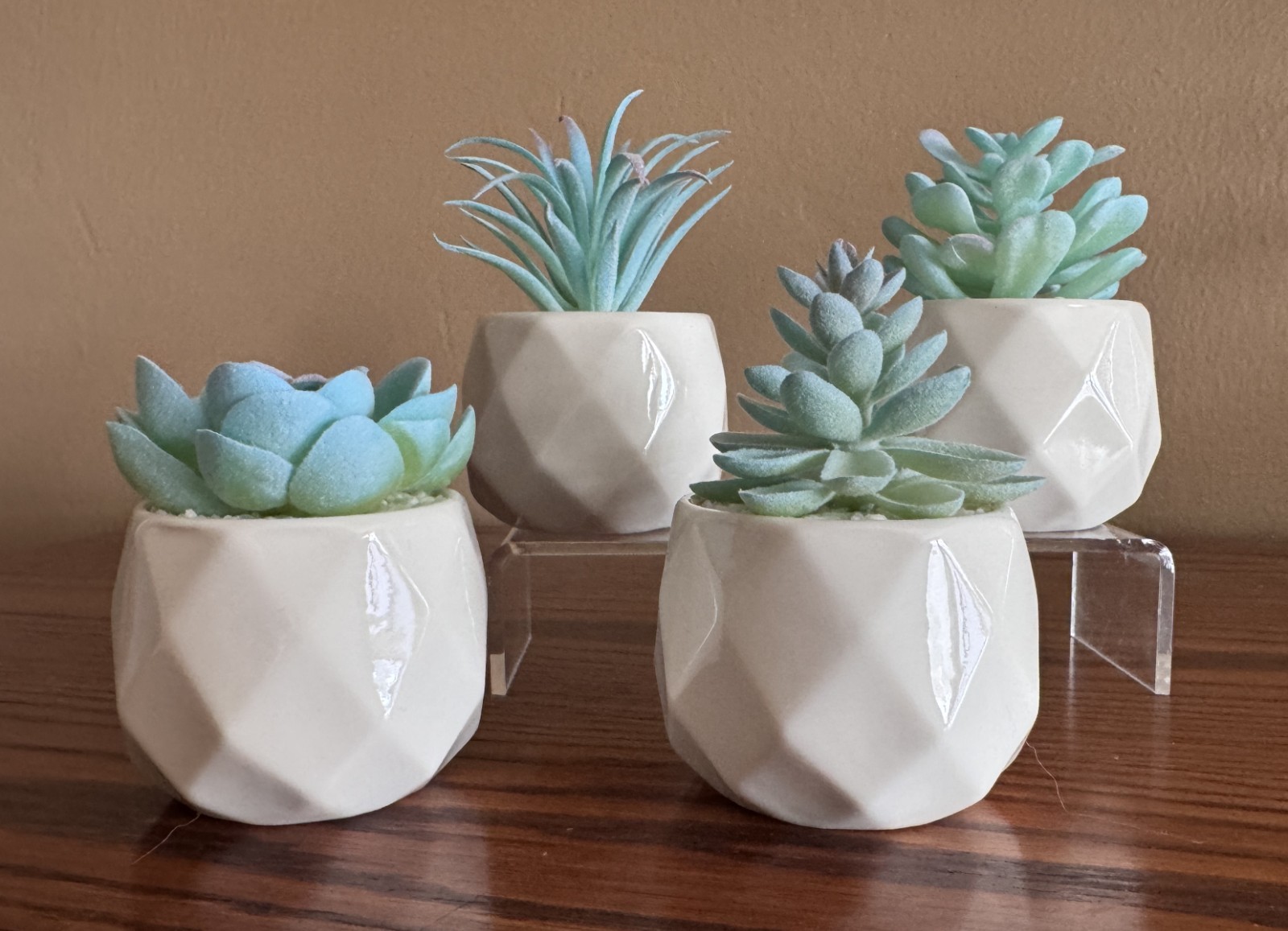 VIVERIE 4-Pack Mini Artificial Succulents ~ Blue Plants w/White Ceramic Pots NEW