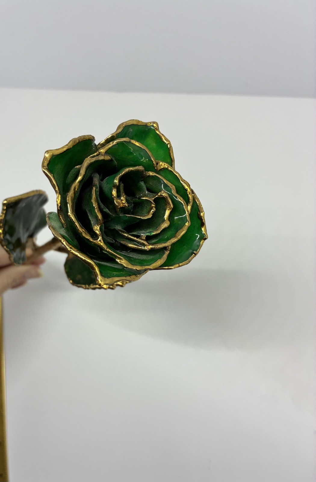 24K Gold Lacquer Dipped Gold-Tone Trim Green Rose- Free shipping