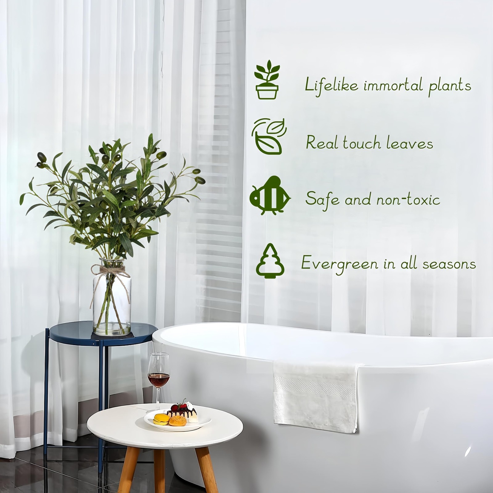 Artificial Plants Olive Branch in Glass Vase, 14.5” Fake Plant Greenery Stems…