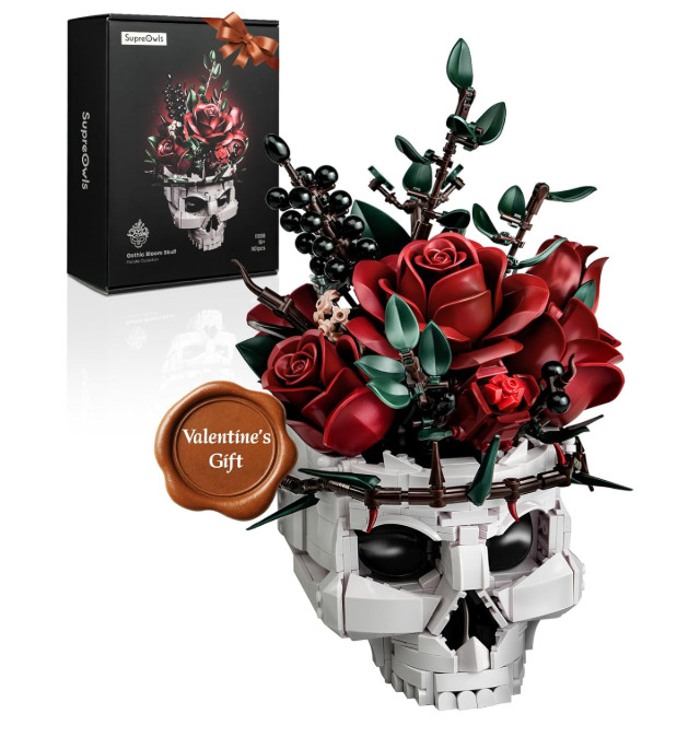 Skull Roses Flower Bouquet Building Set, Skull Planter Botanical Collection Kit
