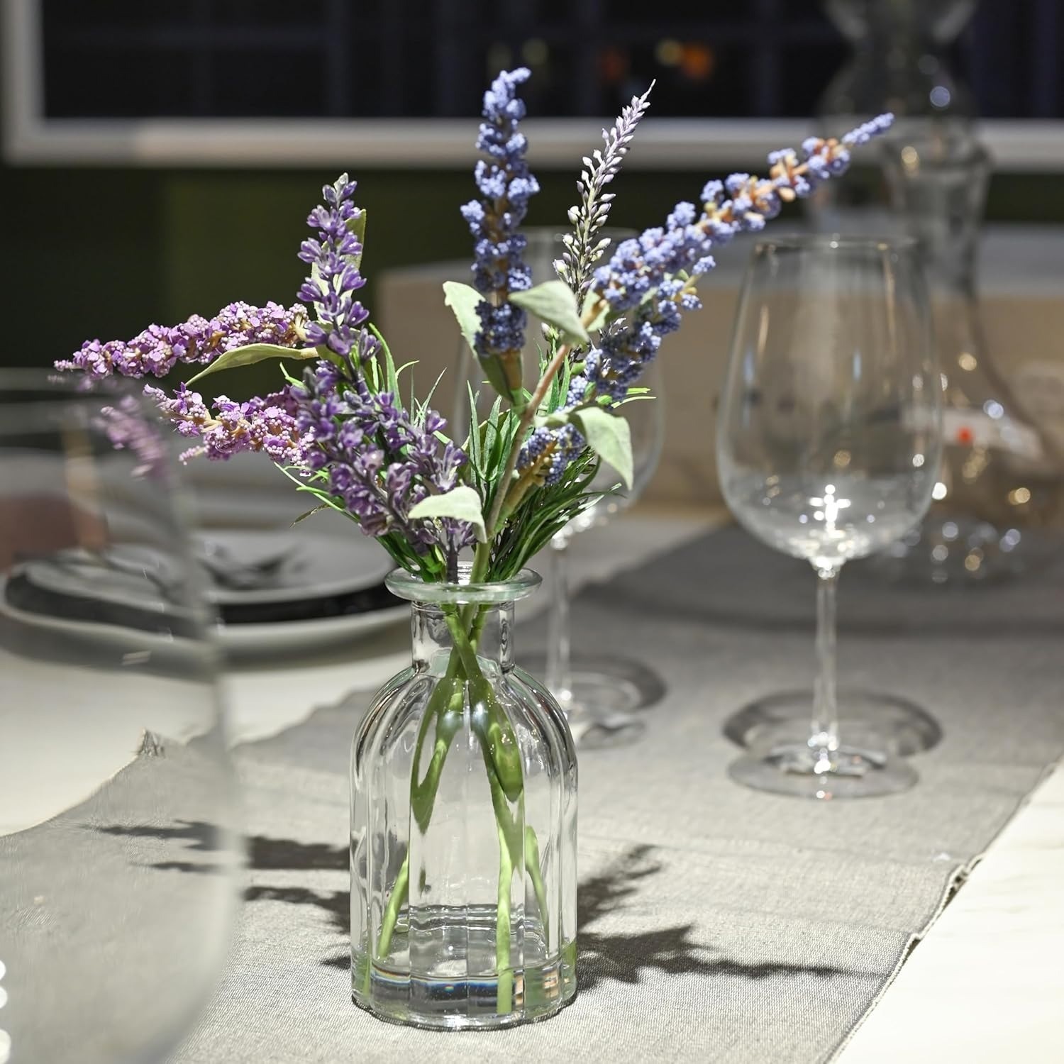 Artificial Lavender in Glass Vase Faux Water Blue Purple Silk Fake Flower Plant