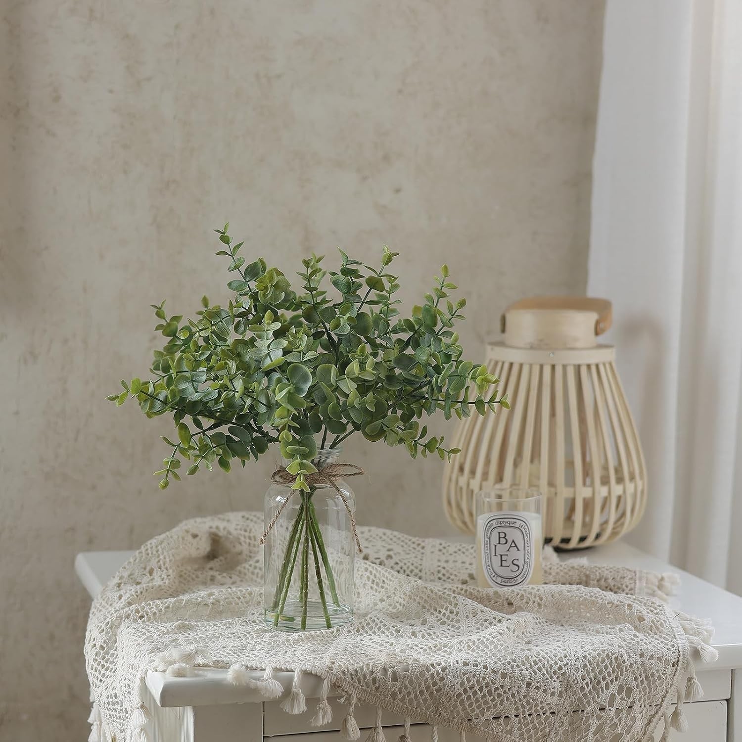 Artificial Eucalyptus Stems in Glass Vase Faux Water Home Decor Indoors